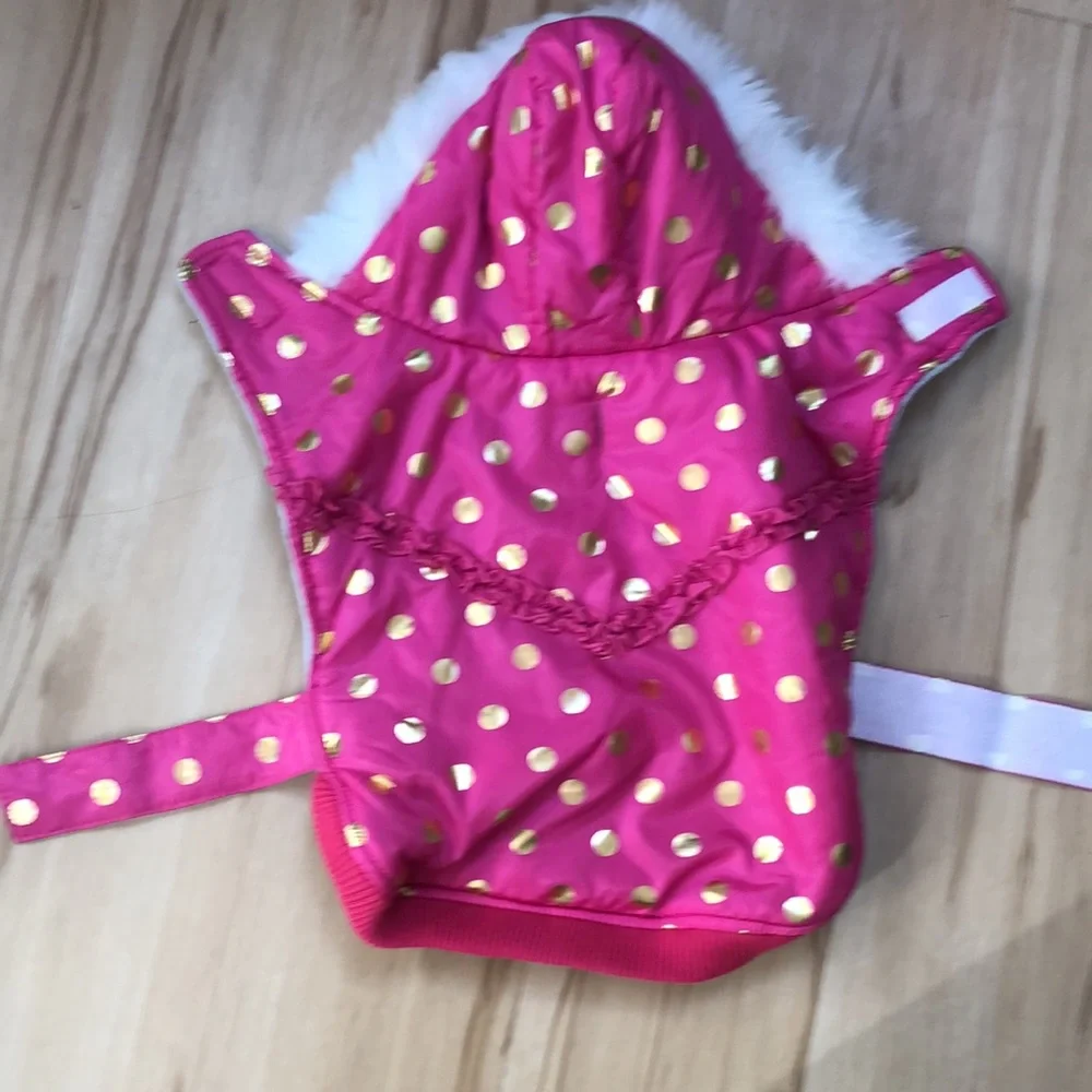 Top Paw Pink Ruffled Gold Metallic Dots Puffy Fleece Lined Hoodie Jacket Coat M